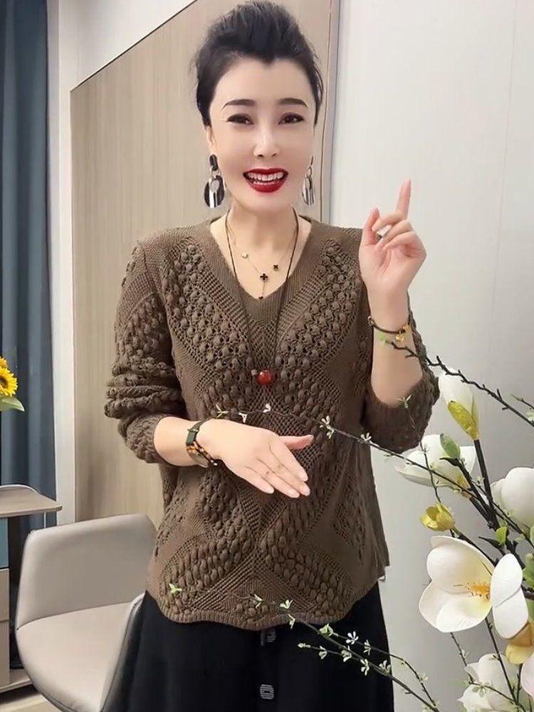 洋气钩花针织休闲长袖上衣2025秋冬韩版气质宽松显瘦遮肉大码毛衣