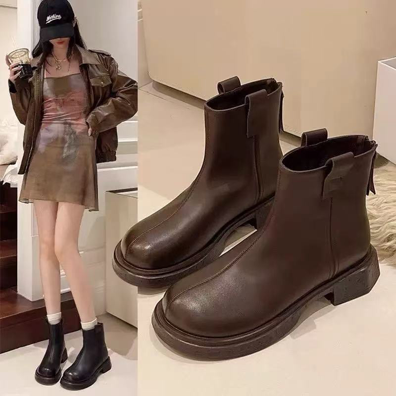 弹力低跟马丁靴中跟靴子圆头后拉链欧若假日风中筒