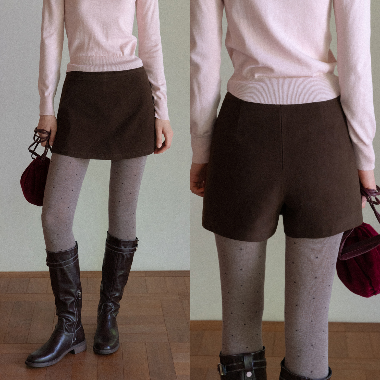 EGGKA复古咖色a字半身裙裤女高腰气质显瘦美拉德短裤E25B30152BK