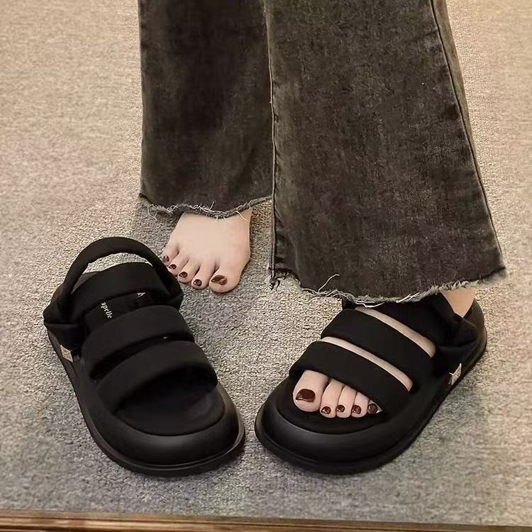 韩版厚底松糕拖鞋女2025夏季新款一字带时尚休闲拖鞋露趾厚底清仓