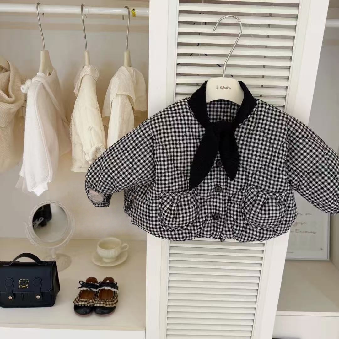 (送包包)原创设计秋冬季女童黑色格子棉衣加厚小香风棉袄外套