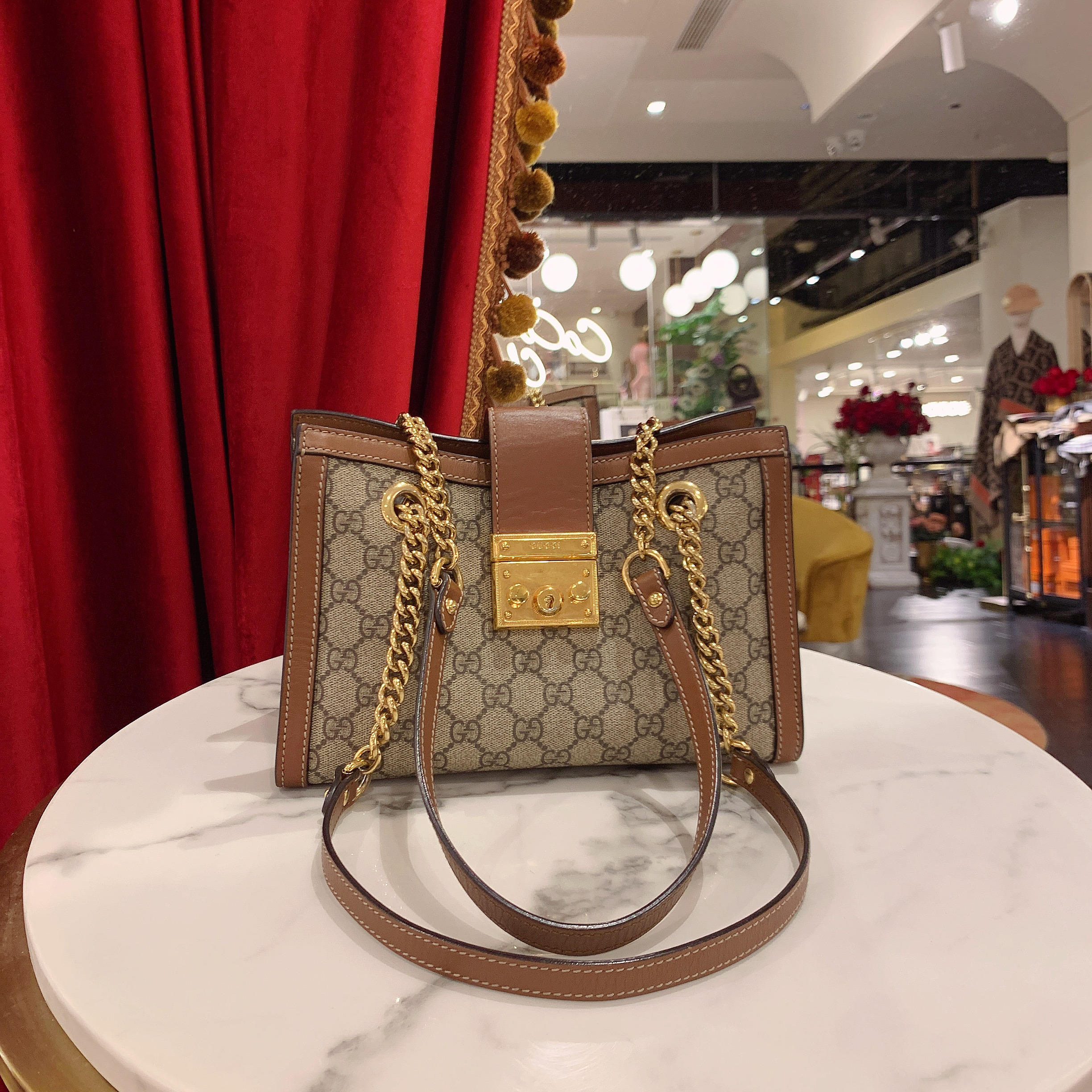 95新 GUCCI/古驰 GGSpadlock小号棕色拼老花金扣单肩包47055108