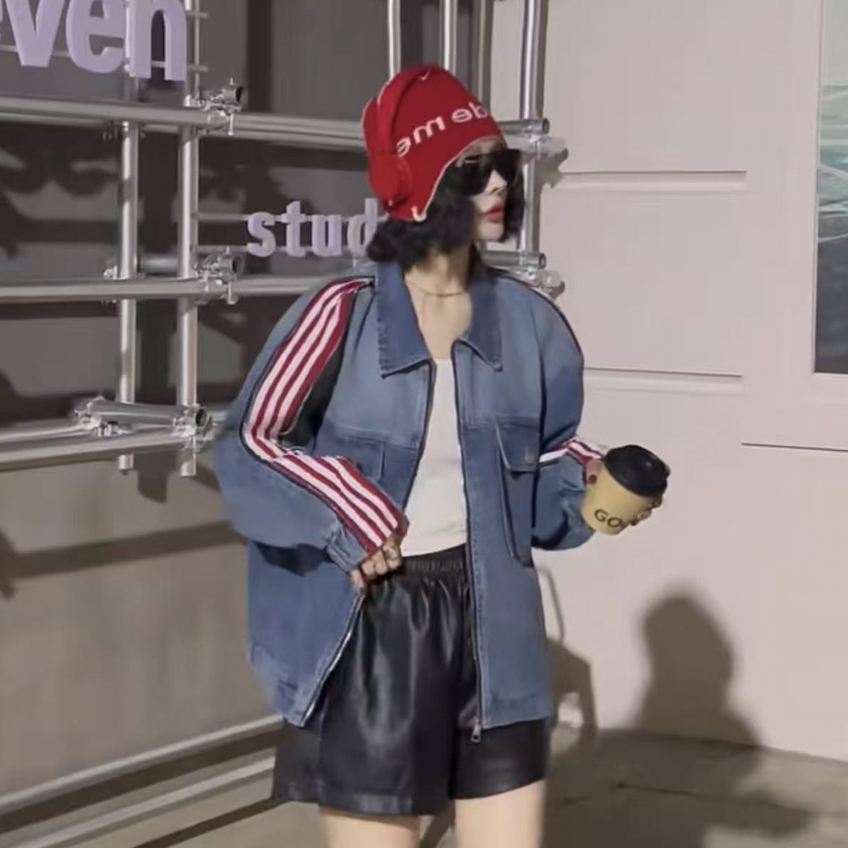 杠条拉链翻领牛仔短外套夹克女上衣秋季大码洋气休闲运动外套6085