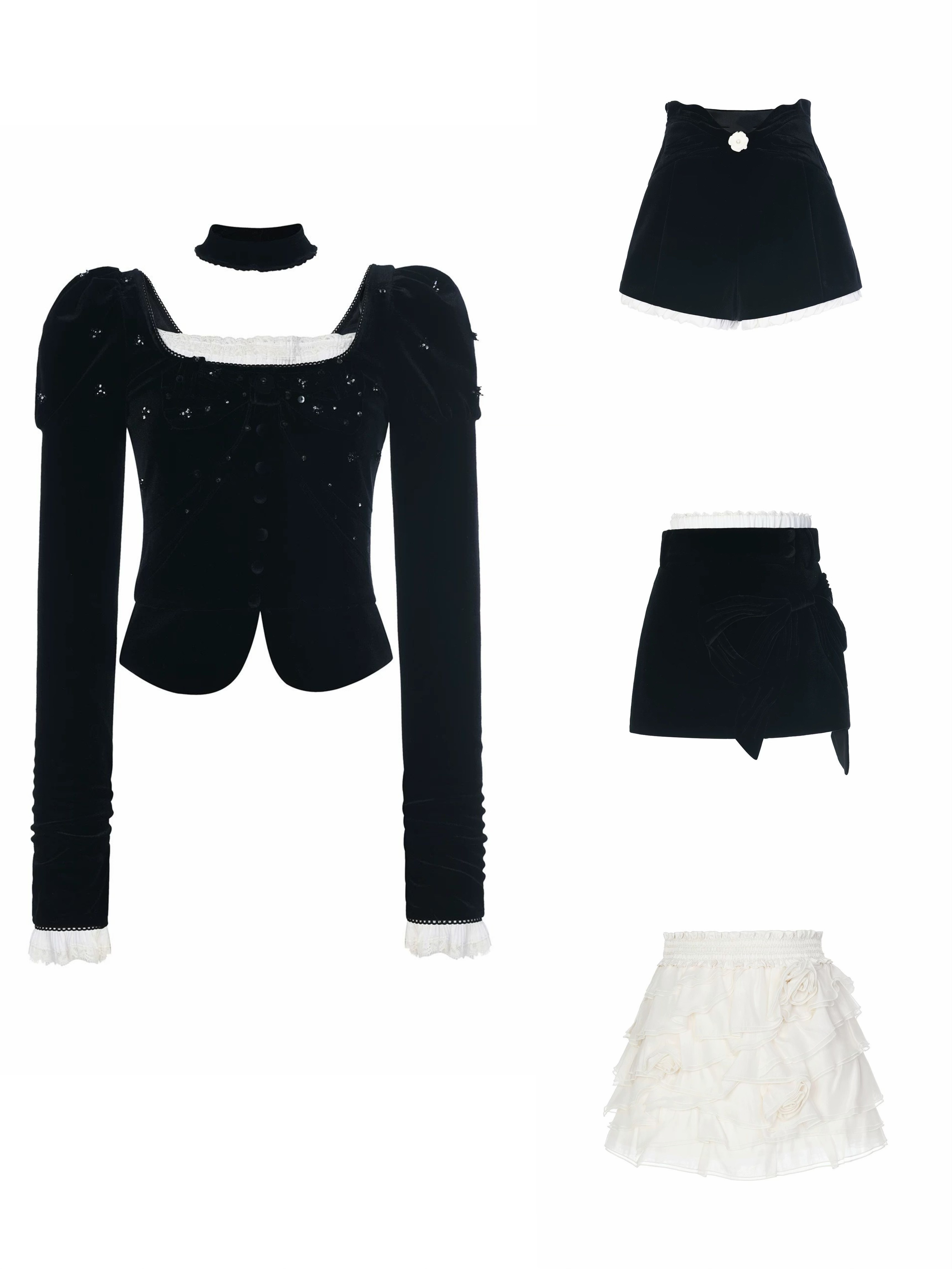 LIULIU（中世纪公主）泡泡袖宫廷风钉钻黑色丝绒修身上衣秋冬新