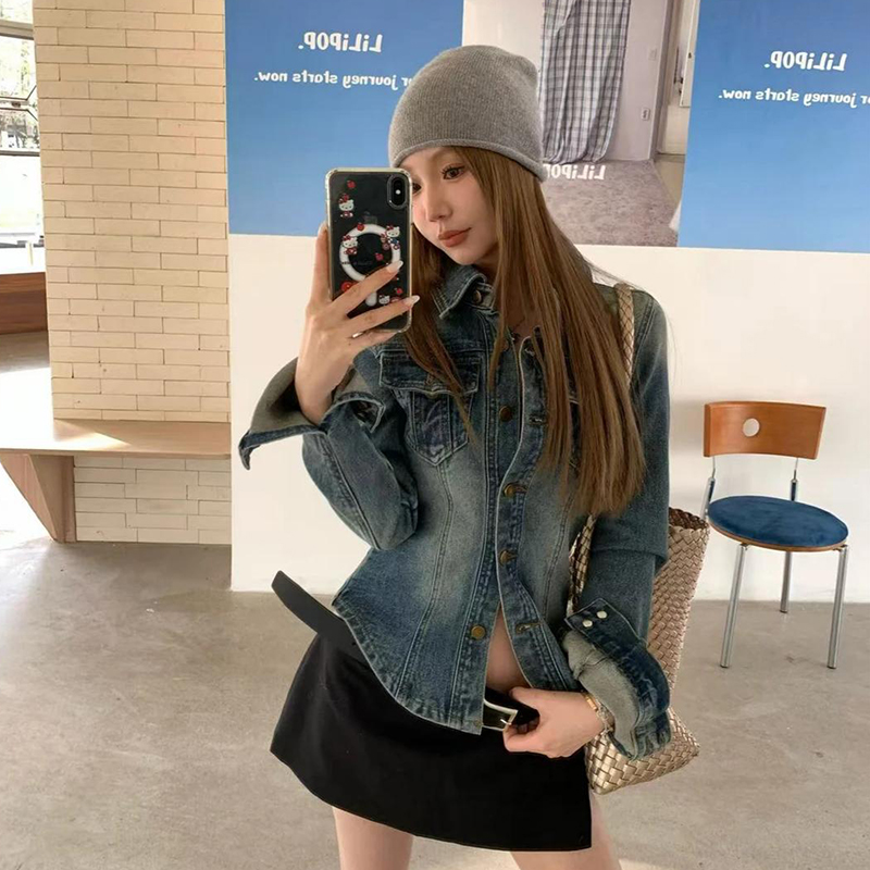 美式复古蓝色polo领牛仔衬衫女装秋季高级感收腰修身显瘦外套上衣