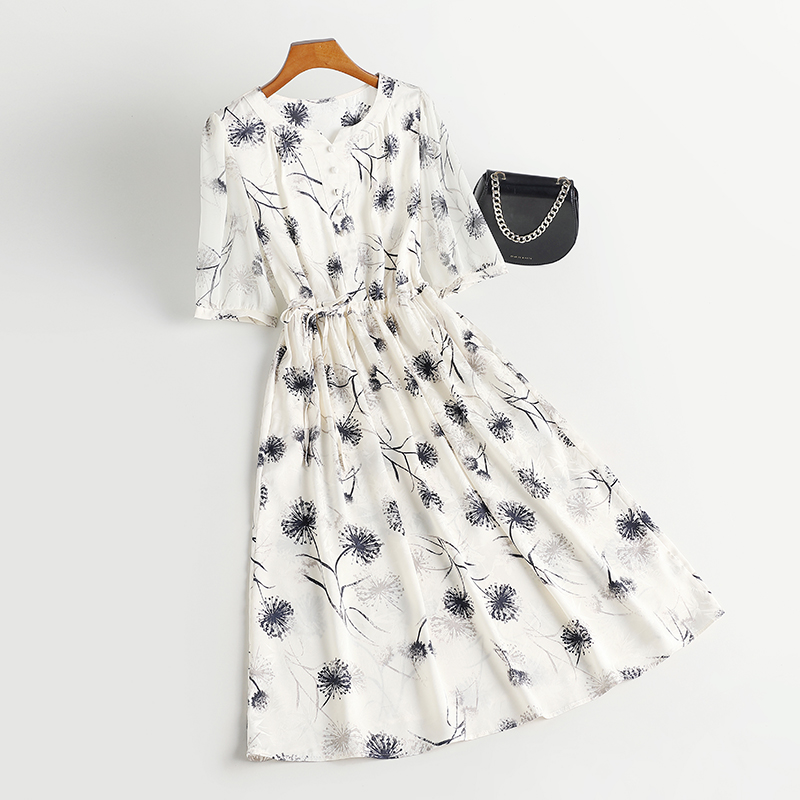 2025新款香云纱真丝连衣裙女印花气质夏装桑蚕丝长裙子