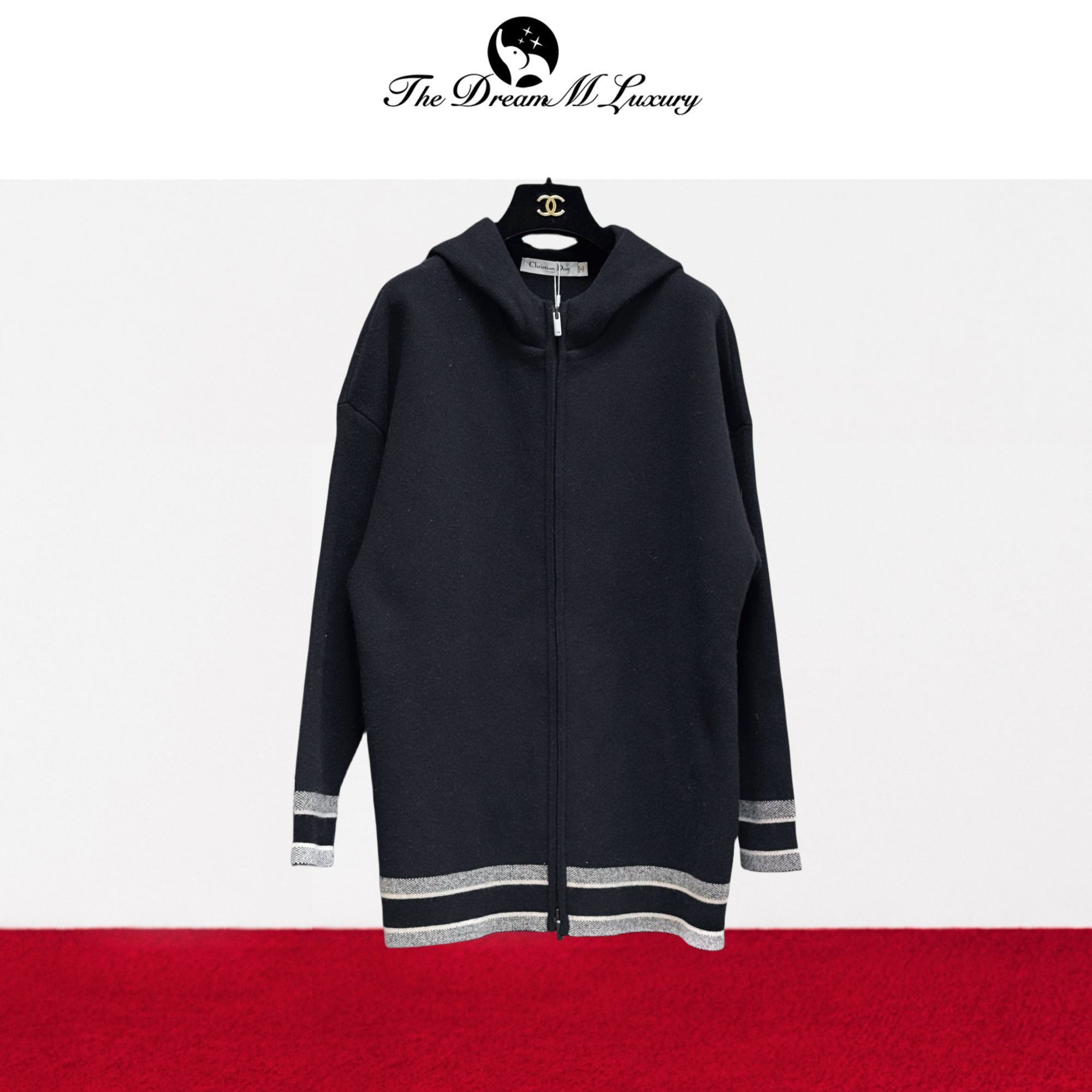 99新 DIOR/迪奥 F34码藏蓝色字母边羊绒连帽外套