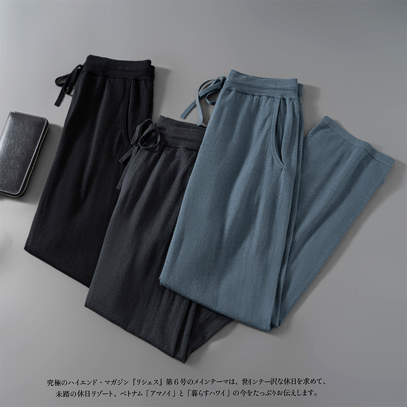 100%精纺山羊绒休闲裤男士松紧高腰针织羊绒直筒裤抽绳口袋羊绒裤