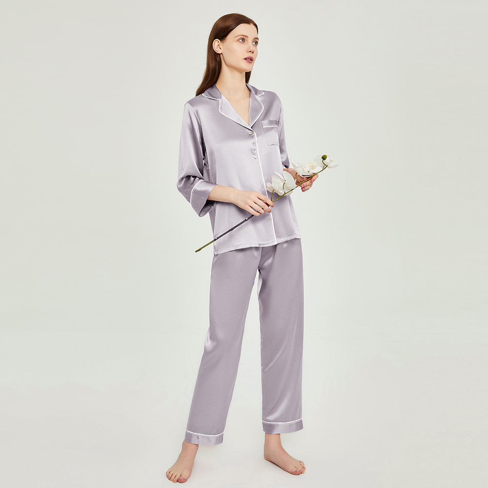 西湖丝韵【七分袖-手工Z字针刺绣】重磅乔其纱镶边桑蚕丝睡衣家居服