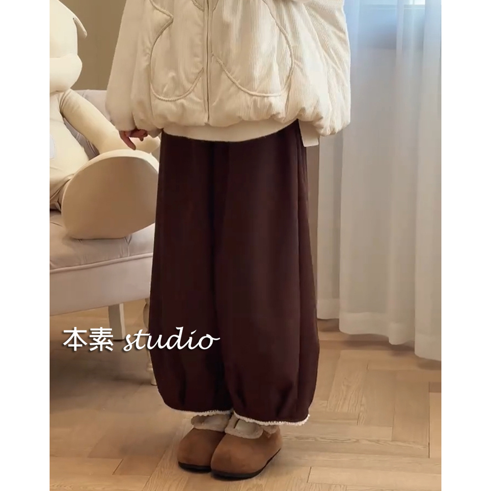 Y4184-1加绒蕾丝边松紧腰系带阔腿裤