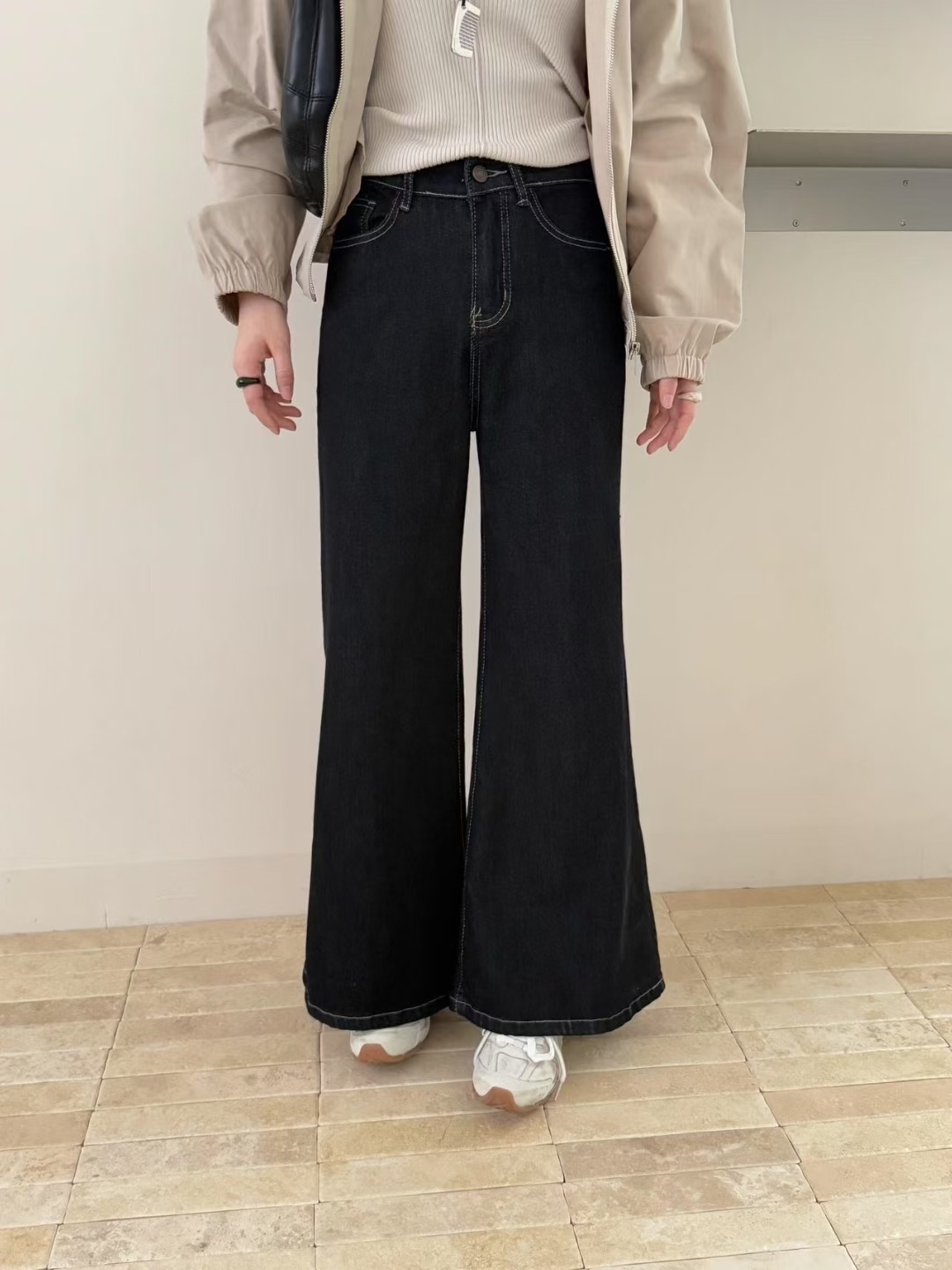 秋冬上新复古高腰气质明线微喇阔腿牛仔裤休闲裤子阔腿裤黑色513
