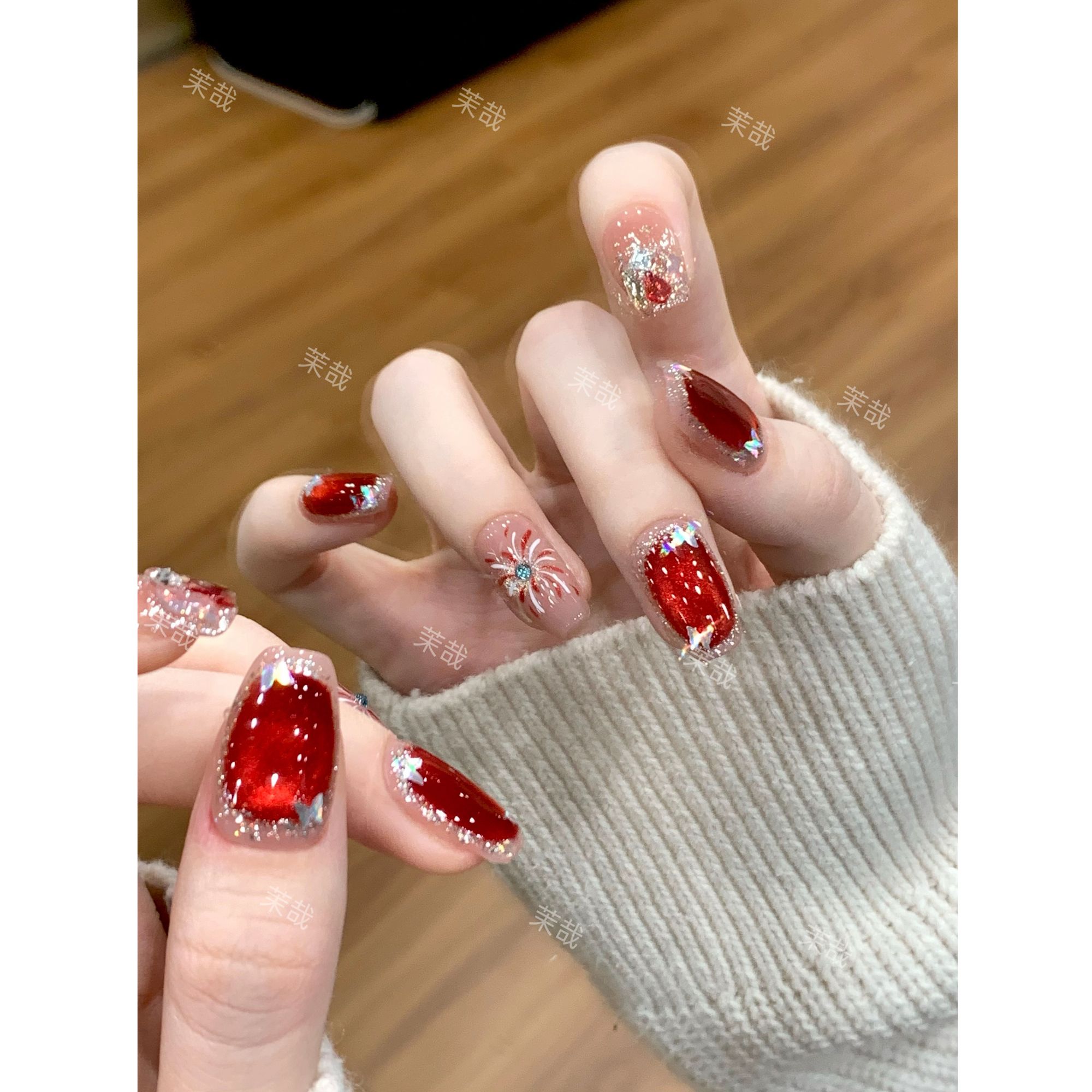 茉哉II现货【绚烂烟火】纯手工定制美甲拆卸穿戴甲A5037