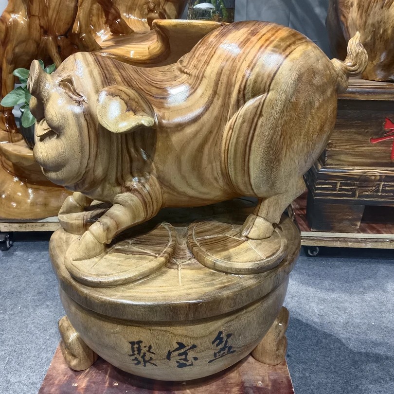 诸事如意香樟木实木聚宝盆福猪摆件