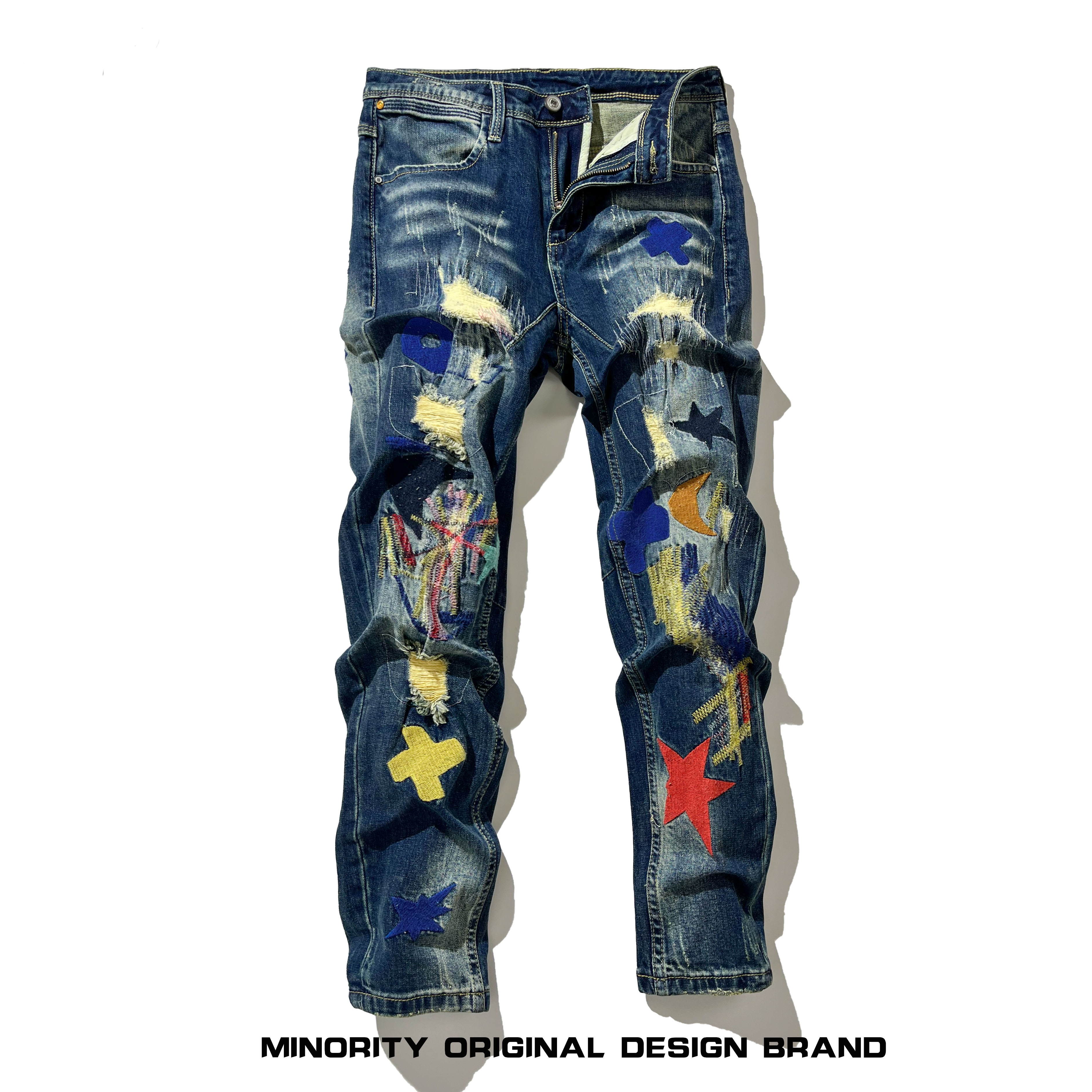 超火欧美高街潮牌刺绣牛仔裤男修身小脚弹力潮流紧身个性补丁