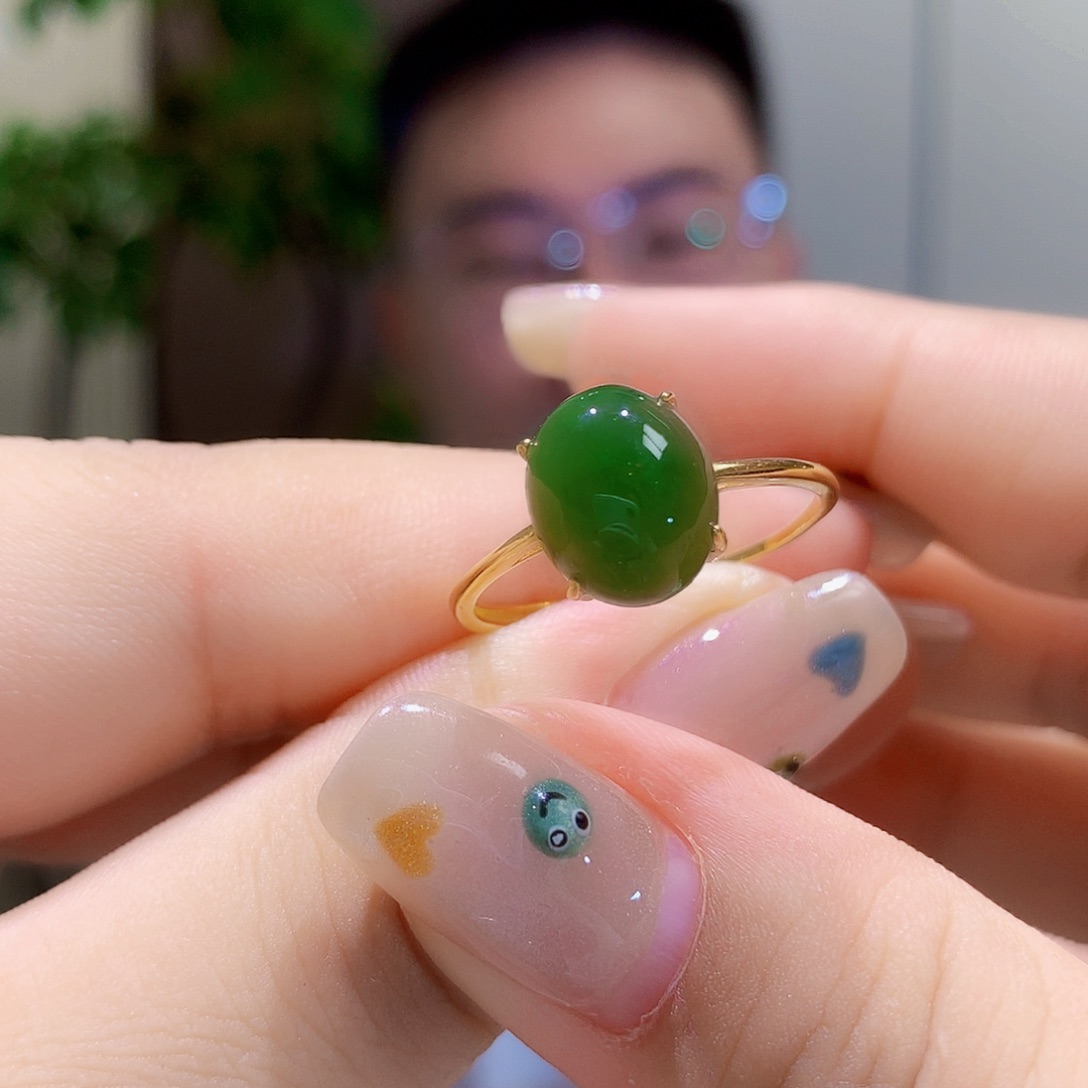 和田玉（碧玉）戒指银S925镀金镶嵌
