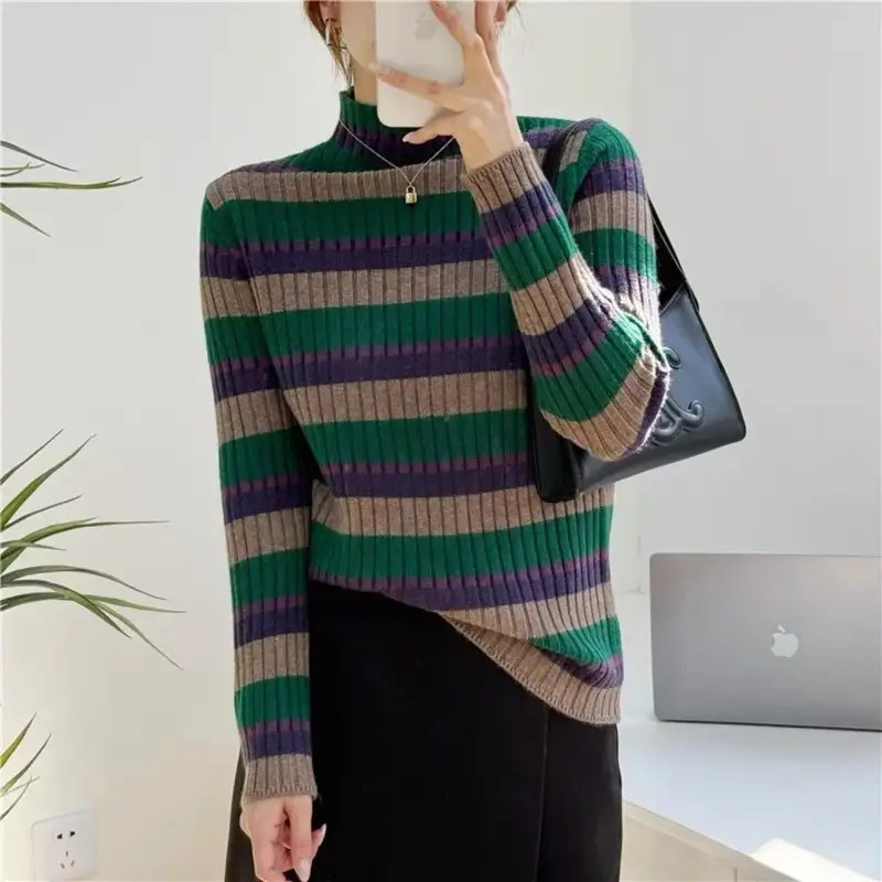 【女神推荐】秋冬新款绿条纹长袖百搭宽松时尚显瘦遮肉针织打底衫XQ