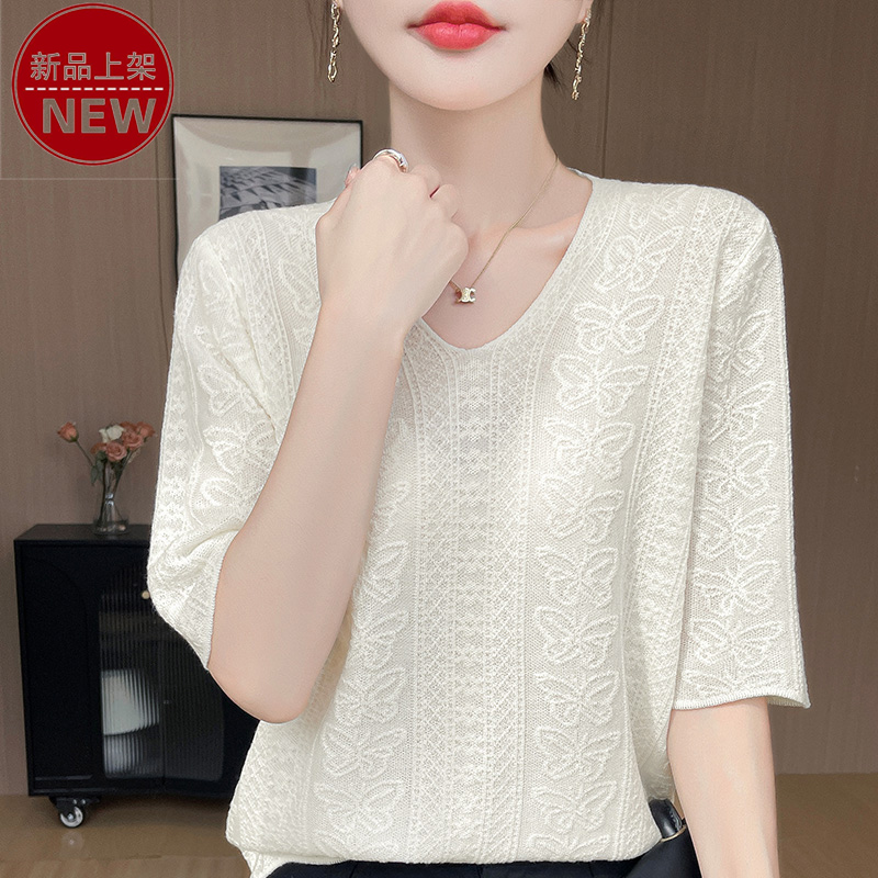 哥弟阿玛施正品新款气质V领提花针织衫蕾丝薄款夏季洋气简约上衣