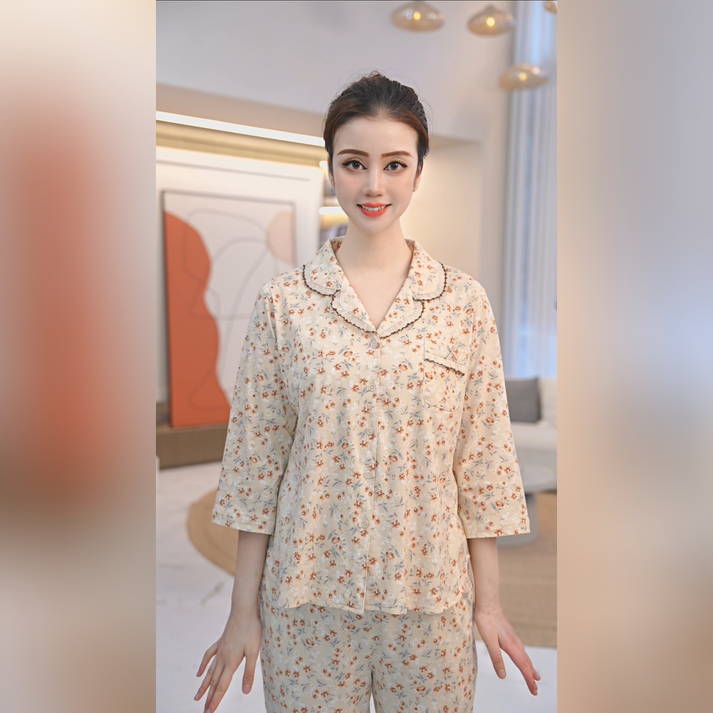 2025年秋鹿新款纯棉针织印花碎花八分袖长裤睡衣家居服女套装