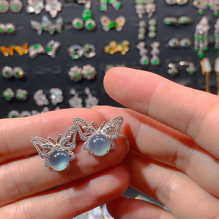 翡翠戒指银S925镶嵌华耳钉