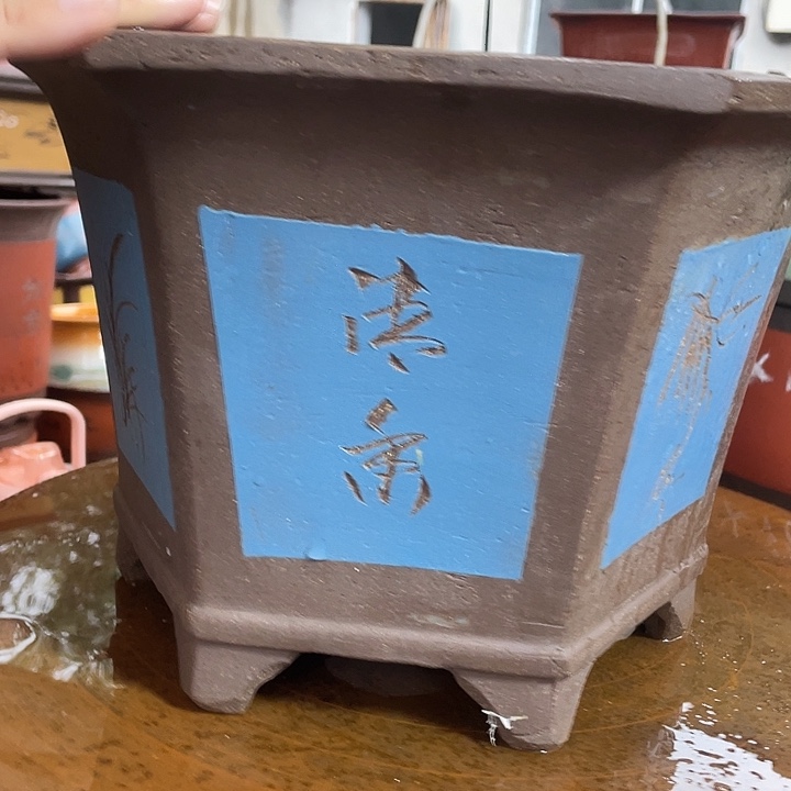 32蓝刻绘六方花盆紫砂花盆紫砂