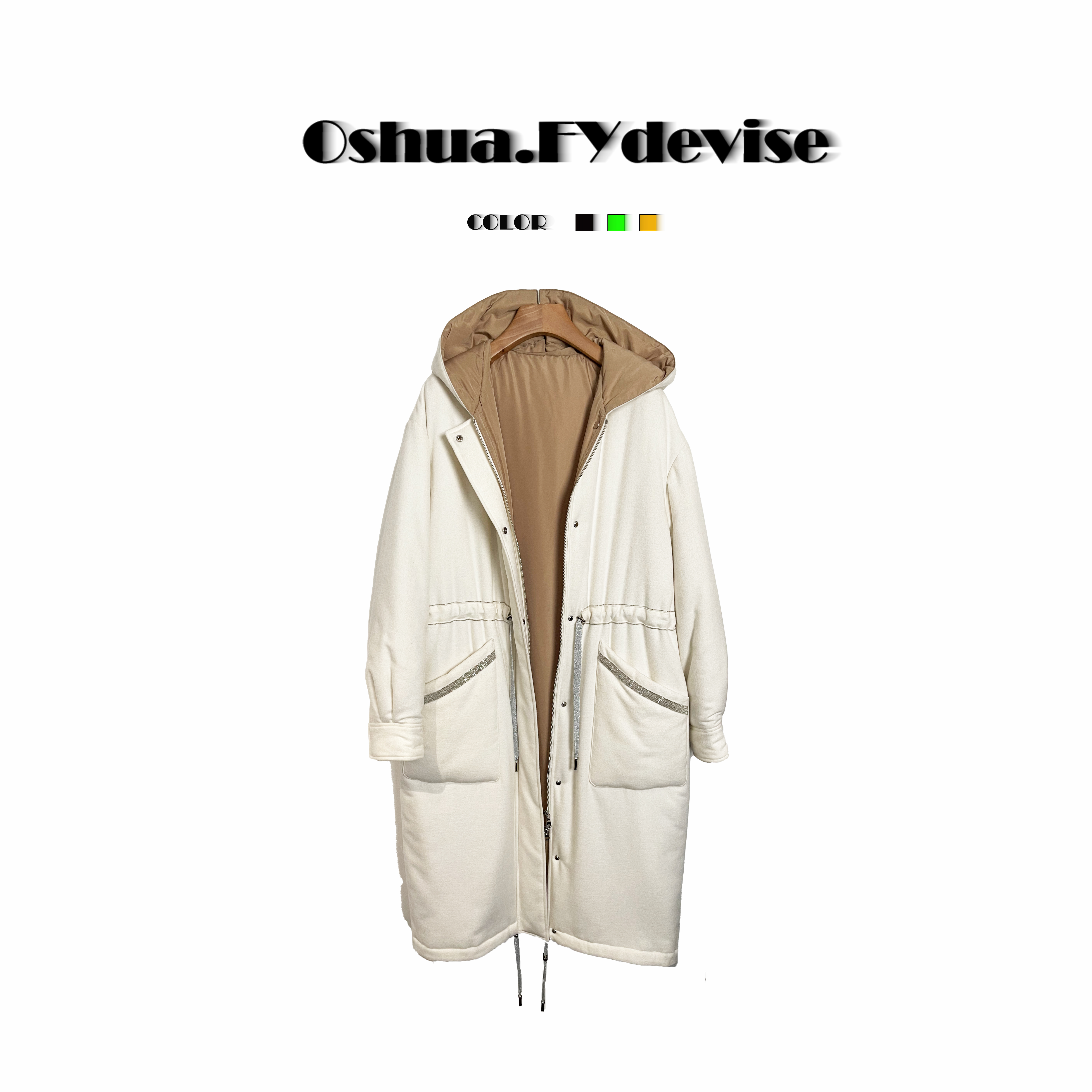 Oshua/欧诗嬅定制设计师款纯羊毛时尚3M奢华连帽外套大衣252101