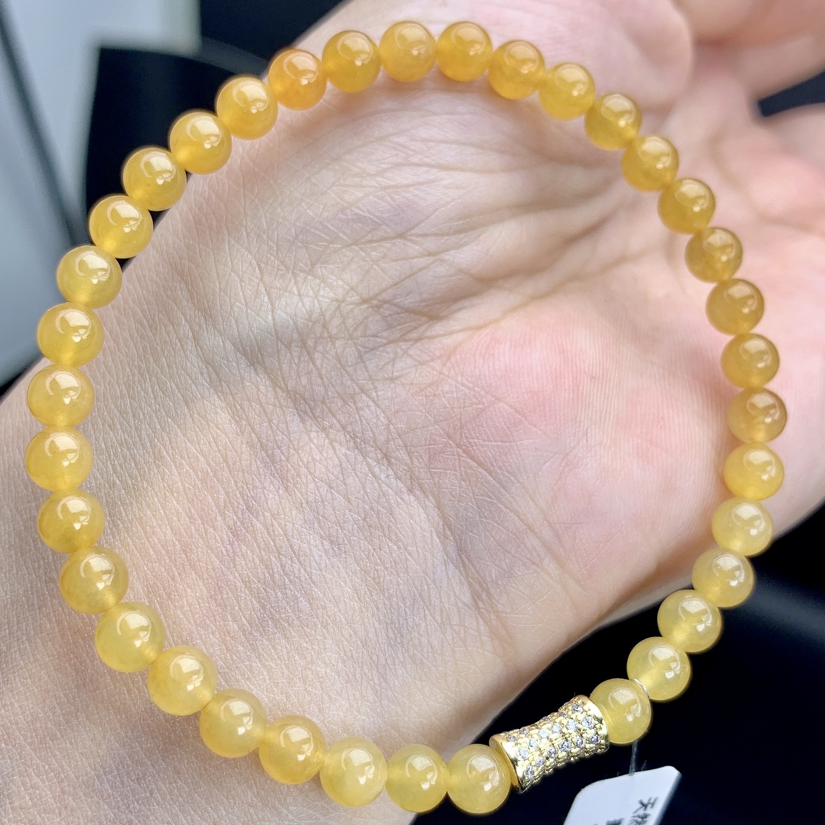 缅甸A货翡翠鸡油黄色圆珠手链手串单圈T卡5mm