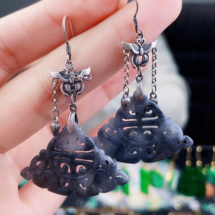 翡翠耳饰银S925镶嵌饰品