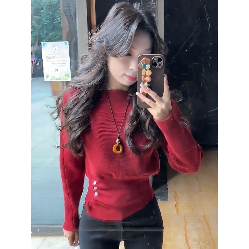 韩系高级感气质红色长袖针织衫女秋季新款时尚日常收腰显瘦小上衣