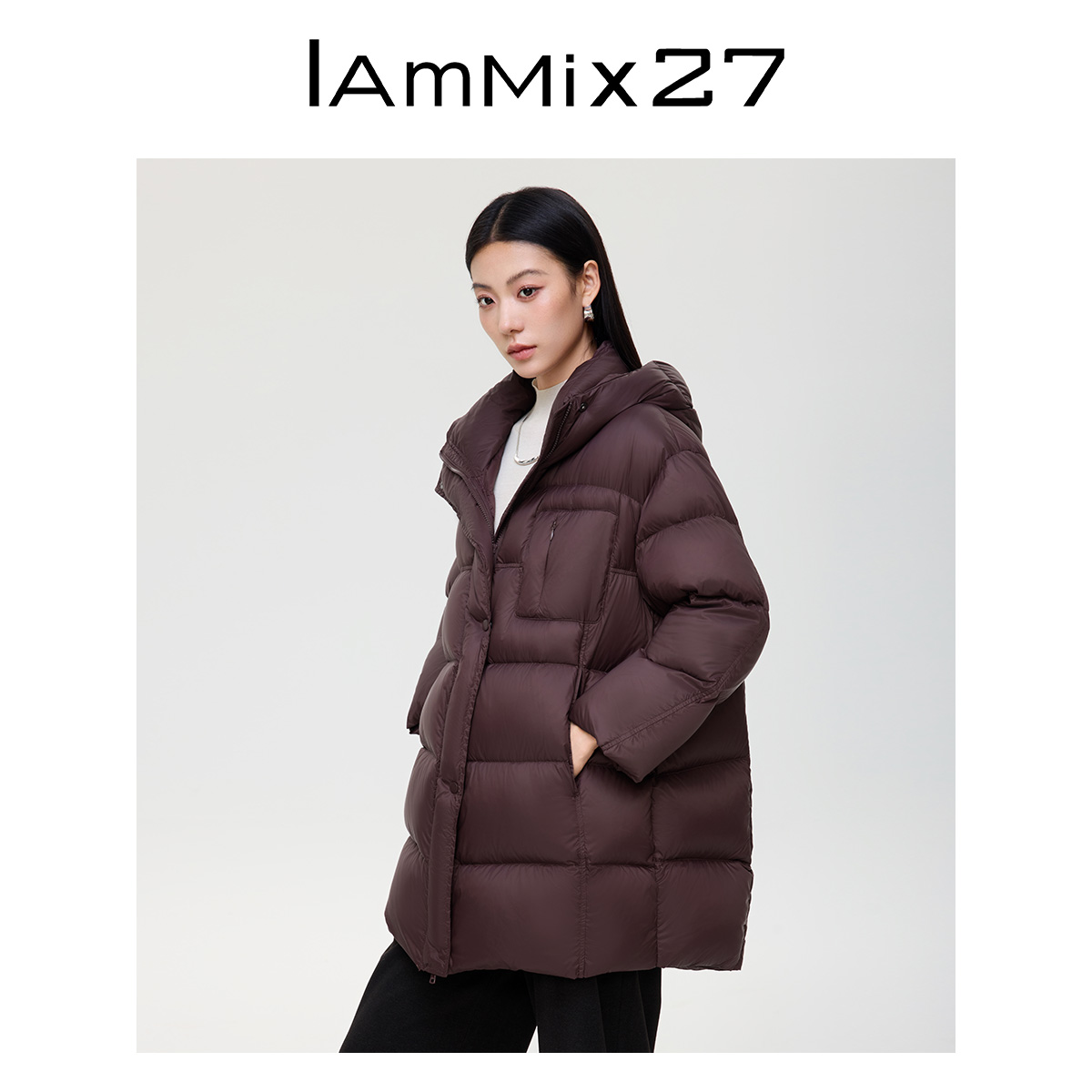 Iammix27冬季连帽女中长款宽松外套M4D0097