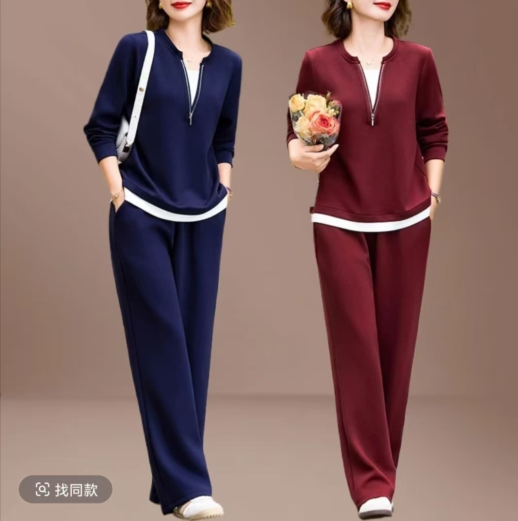 时尚妈妈装休闲V领套装2025秋季新品宽松舒适显瘦中老年女装洋气