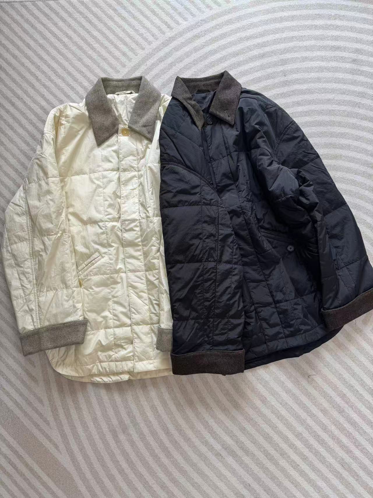 断码福利No退换 羊毛混纺撞色翻领菱格绗棉中长款薄棉服女-1