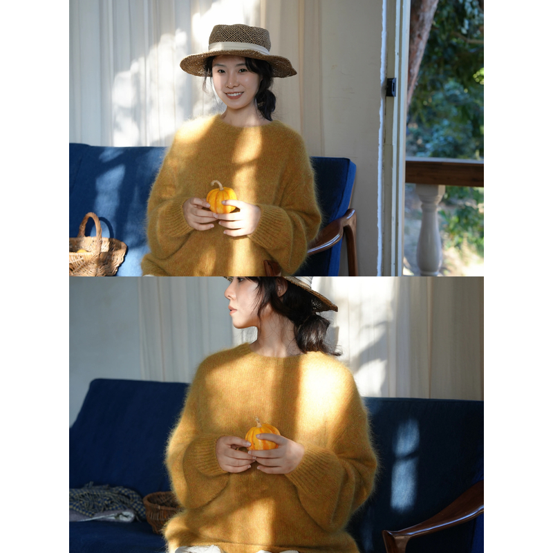 麦穗黄 100%羊毛拉绒 花纱氛围感套头针织上衣