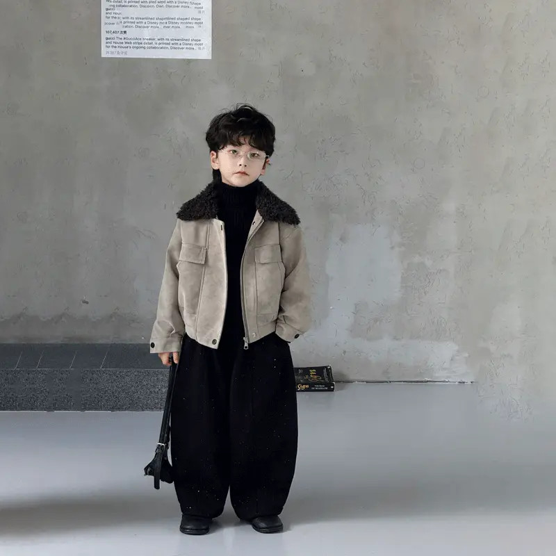 2025男童秋冬新款套装宝宝加绒毛领外套儿童夹克帅气潮范男孩时尚