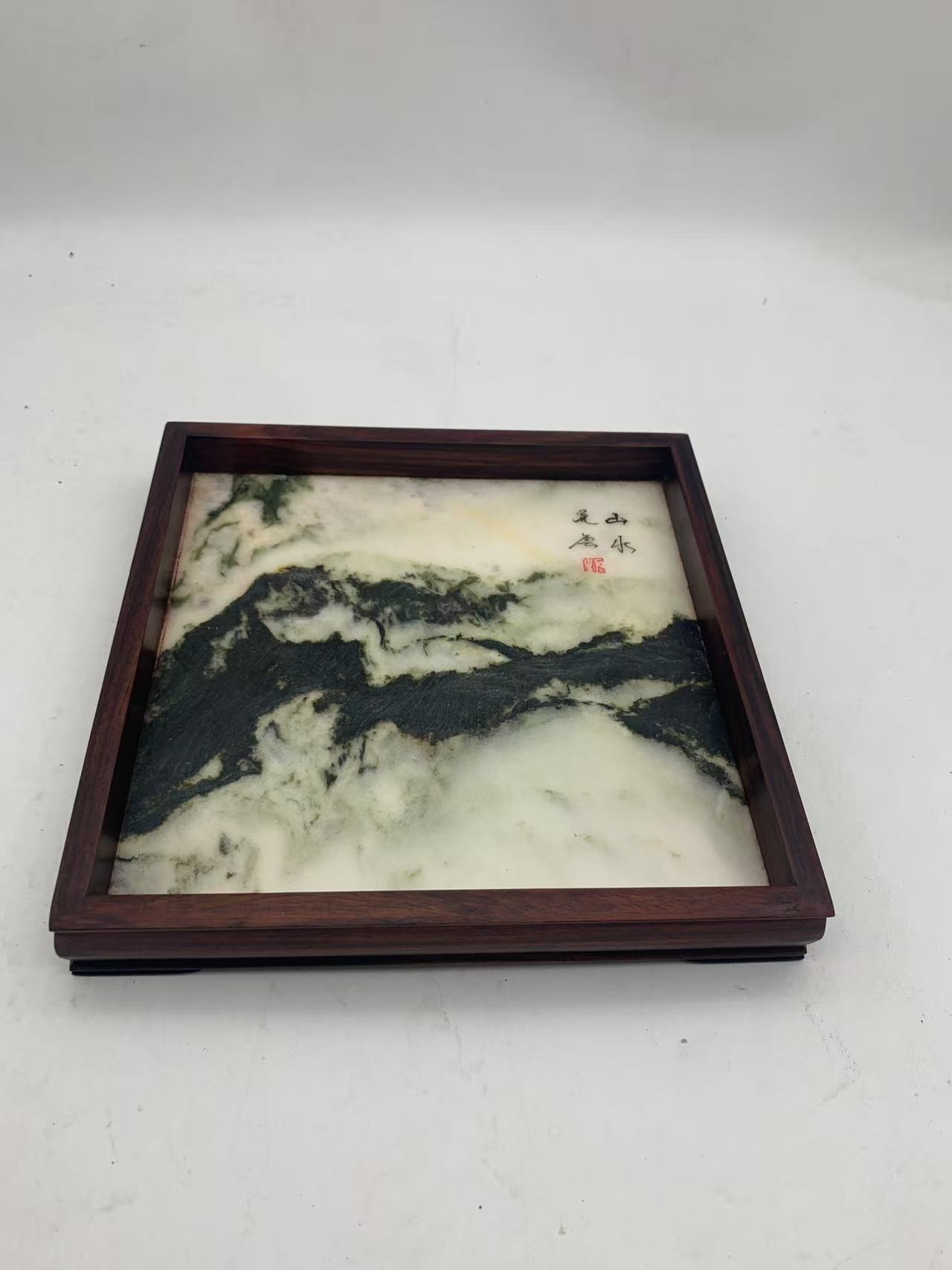 596 大红酸枝嵌云石正方托托盘（20*20*3）