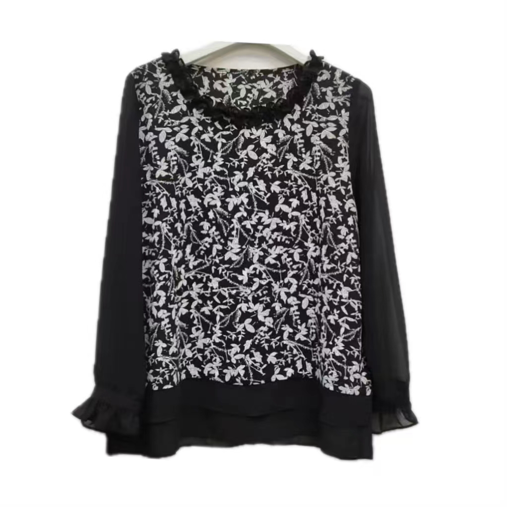 【xineba2】韩国木耳圆领印花长袖衫2025新款女士时尚洋气舒适百搭