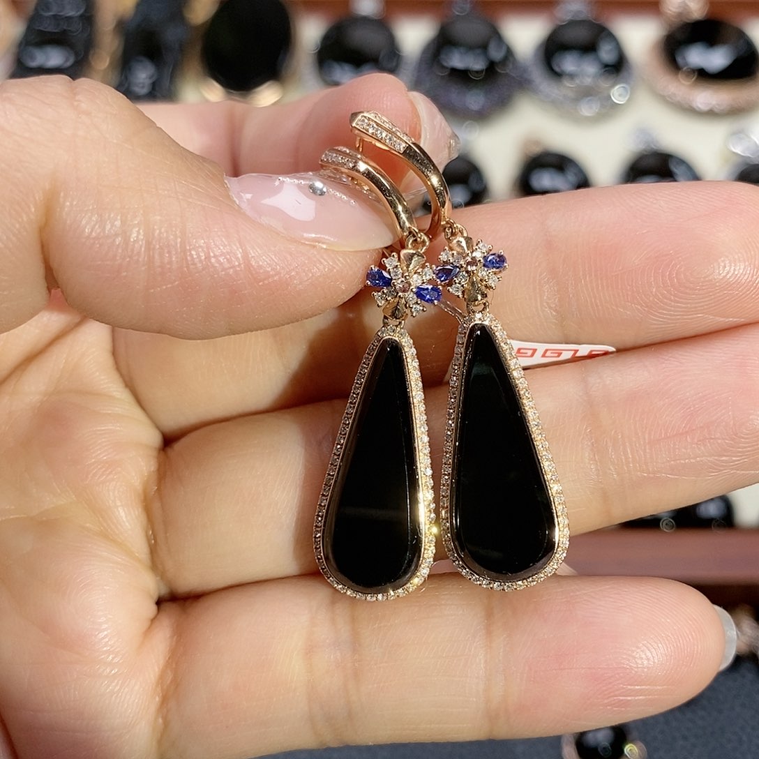 翡翠耳饰18K金镶嵌墨翠耳饰