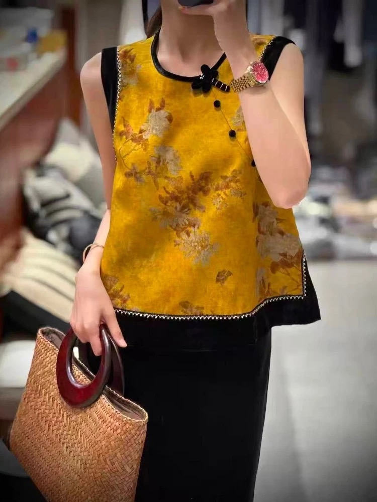 新中式文艺拼接提花单排扣民族风花百搭马夹无袖----8886