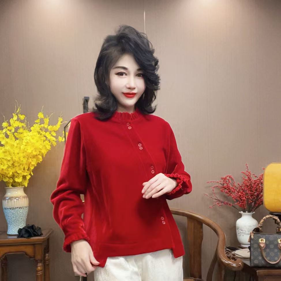 【峰姐优品】6925【DNY】花边领加绒丝绒衫