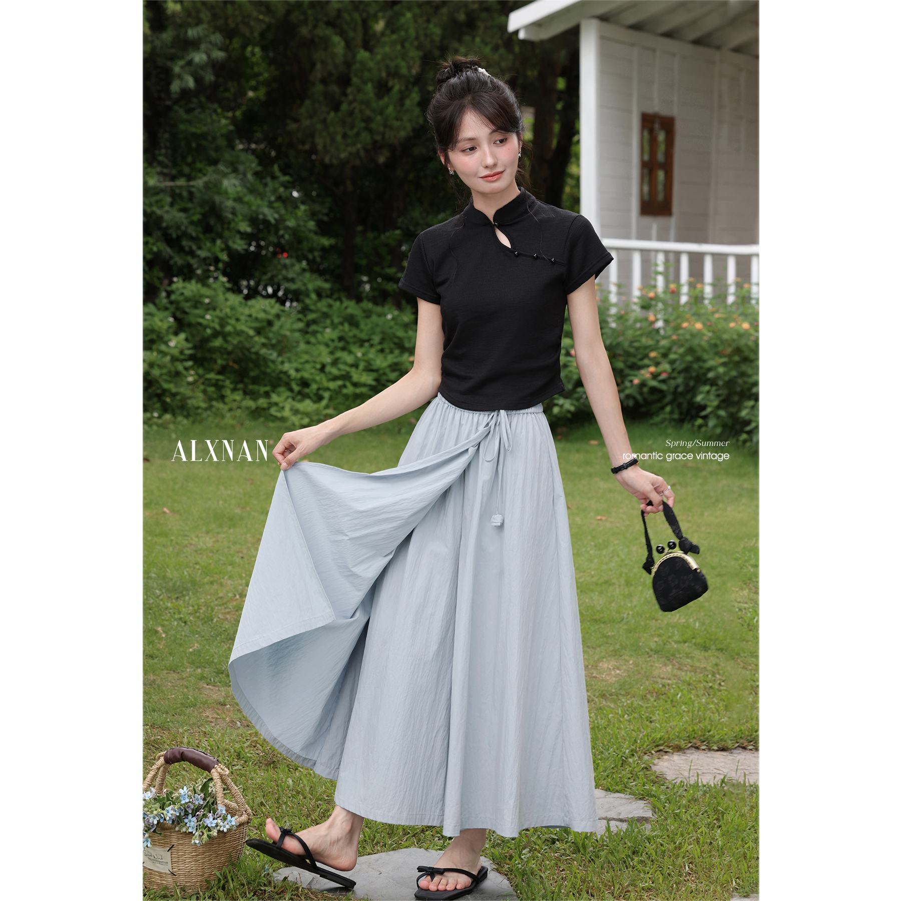 「清清」蓝色法式气质半身裙女夏新款时尚宽松百搭裤裙L55885