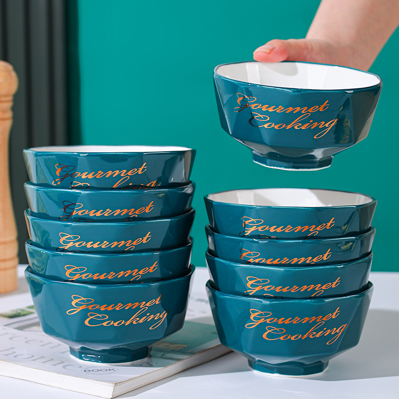 句途10只祖母绿字母碗家用4.5英寸米饭碗吃面碗加厚防烫陶瓷碗