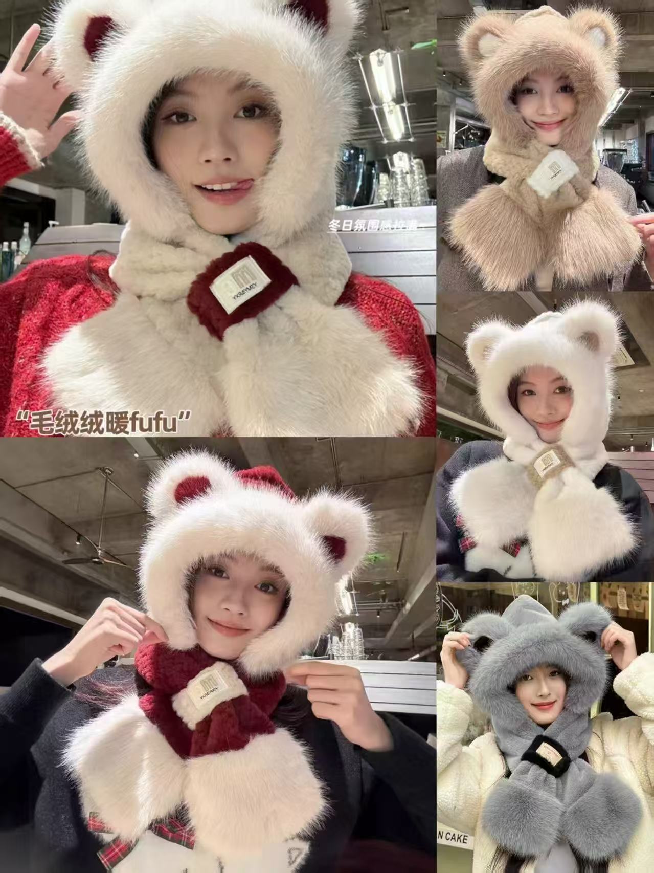 （直播米奇三件套）卡通元素包头帽冬季帽子加厚防风网红绒帽