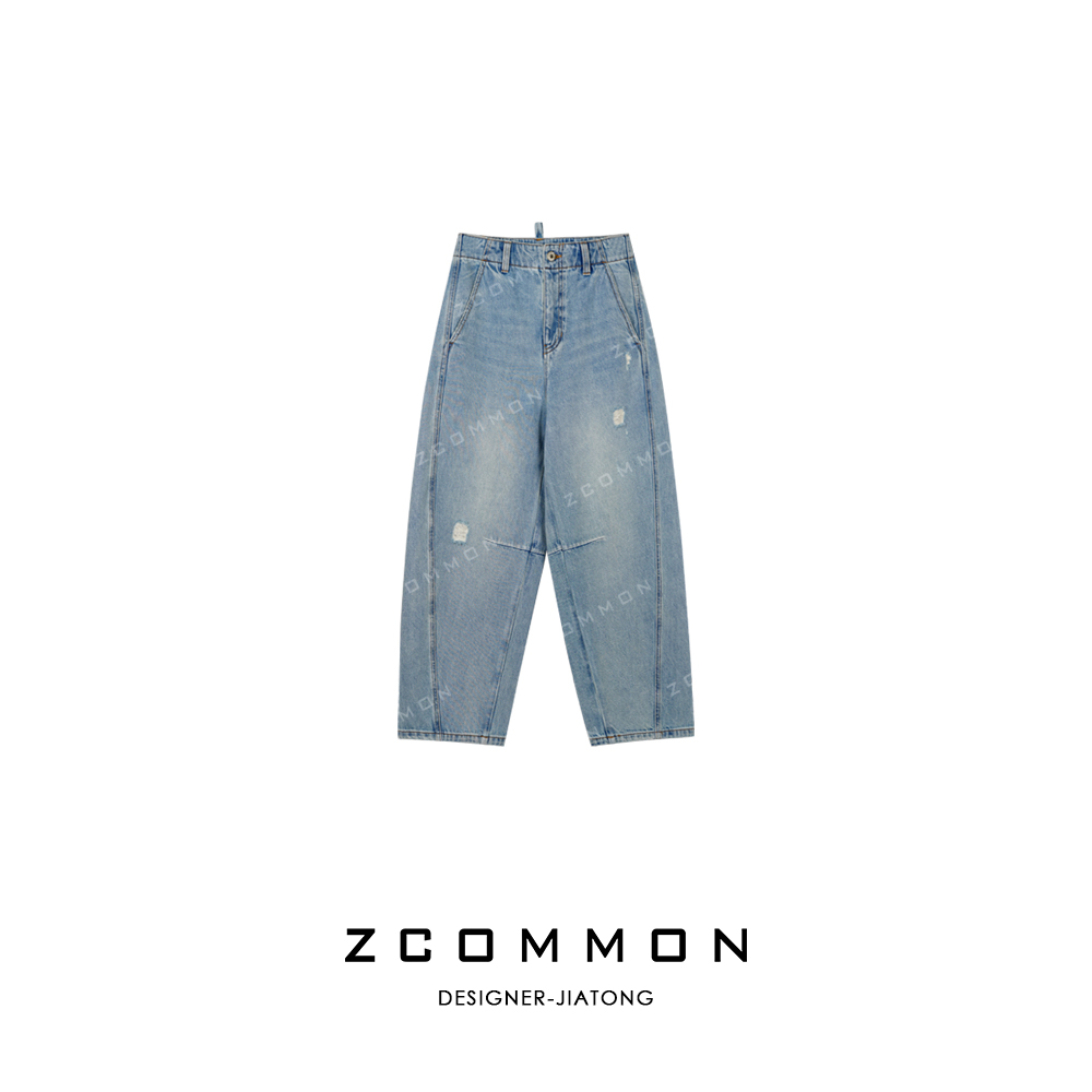 Z common土耳其九分设计款宽松水洗破洞休闲弯刀牛仔裤 2507108
