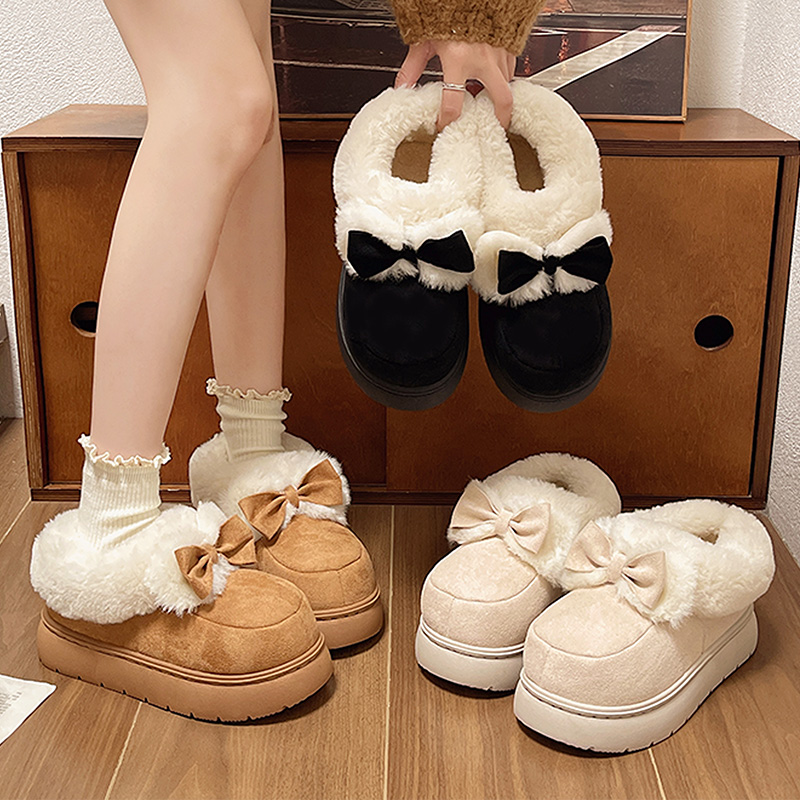 【买一送一】新款冬季蝴蝶结加绒厚底毛绒女款冬季保暖居家室外棉鞋