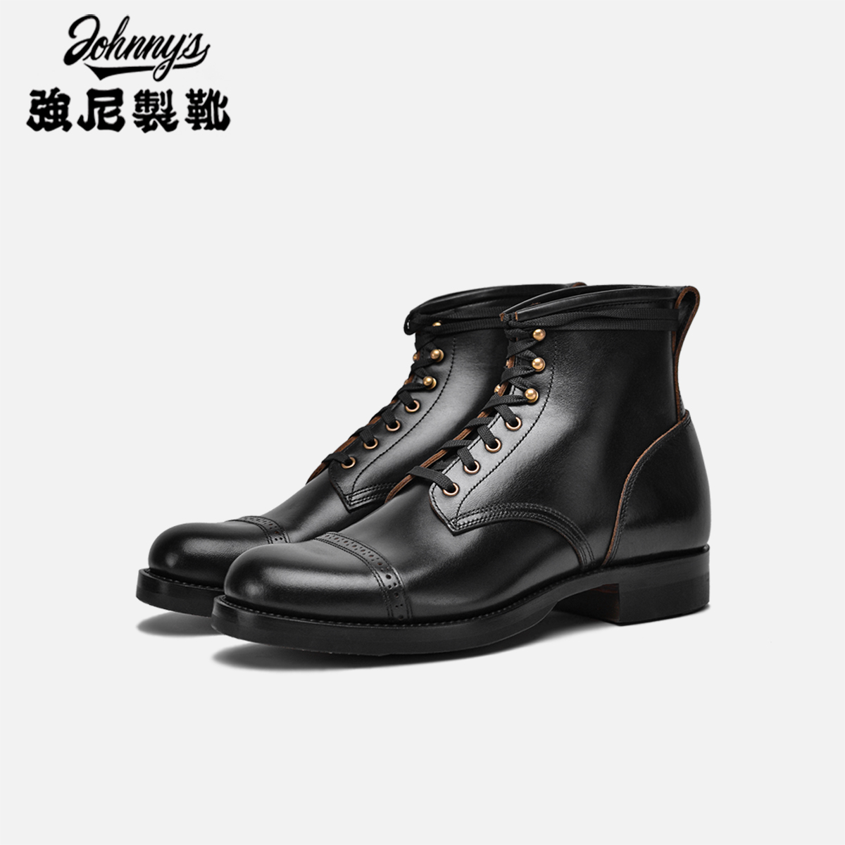 强尼制靴 复古工装靴固特异重磅茶芯牛皮男鞋户外机车靴伞兵靴