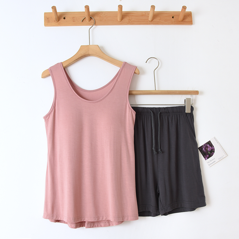 自带胸垫莫代尔背心加短裤套装宽松裸感弹力大可居家可外穿家居服