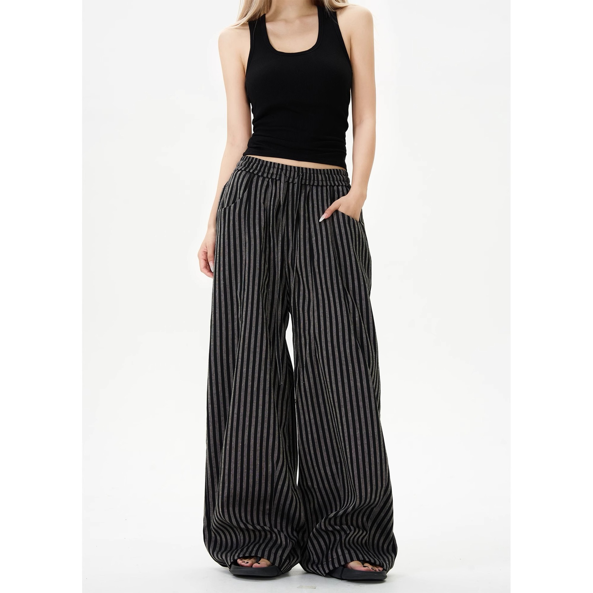 美式复古松弛感竖条纹休闲裤女宽松慵懒风直筒垂感百搭阔腿长裤子