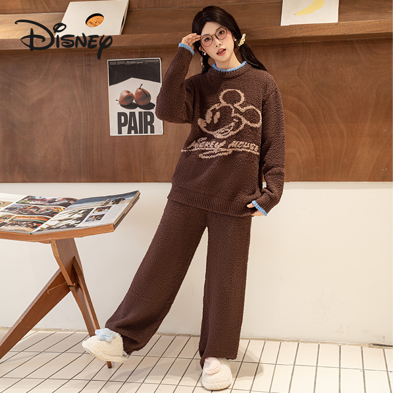 Disney/迪士尼保暖长袖冬季休闲半边绒睡衣家居服套装女秋季加绒