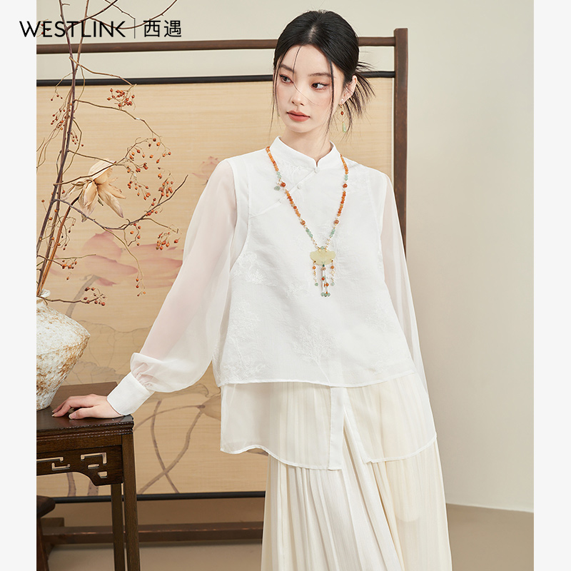 西遇白色新中式宽松慵懒感衬衣女2025秋季新款斜襟清冷感假两件