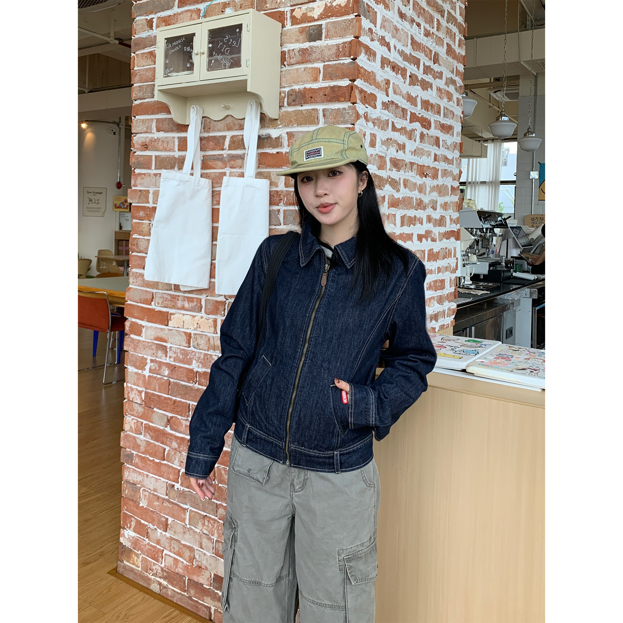 木子羊美式复古短款拉链休闲牛仔夹克外套女春秋薄款港风运动上衣
