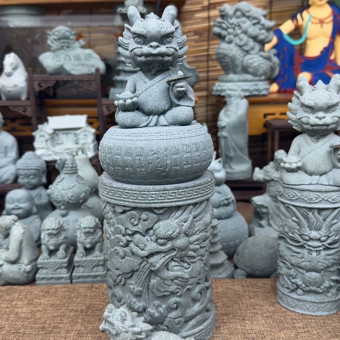石材青砂石15公分龙柱➕小龙龟➕百福龙大师